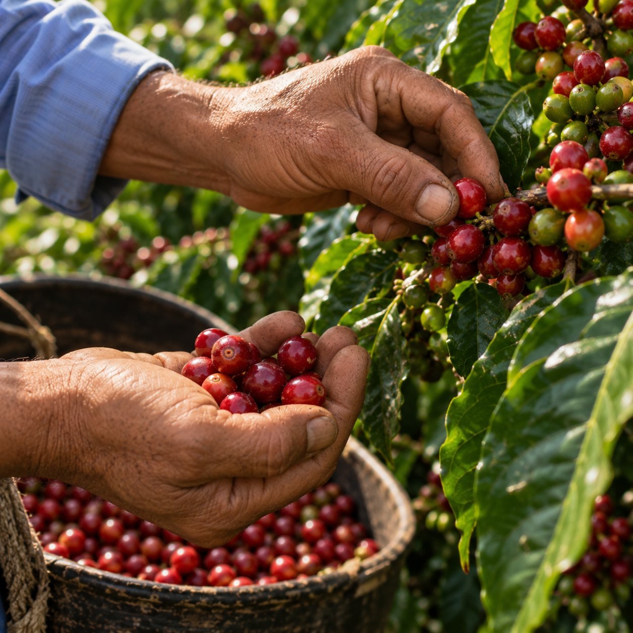 Cerezas de café en las manos de un productor