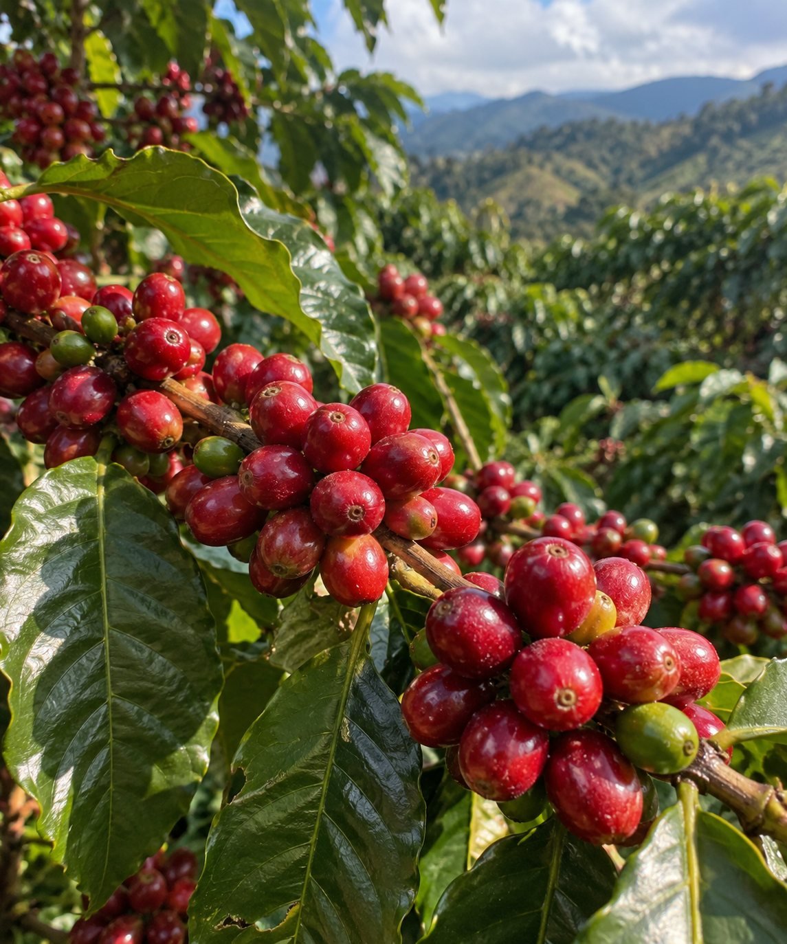 Cerezas de café maduras en la mata, Huila