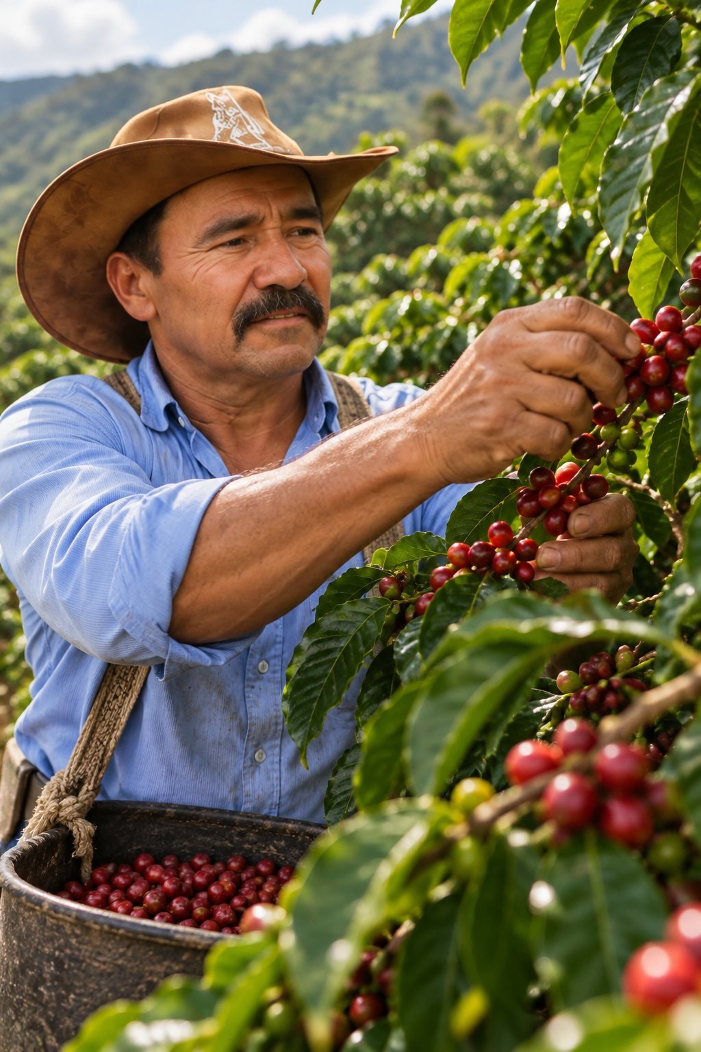 Productor cosechando café a mano en el Huila