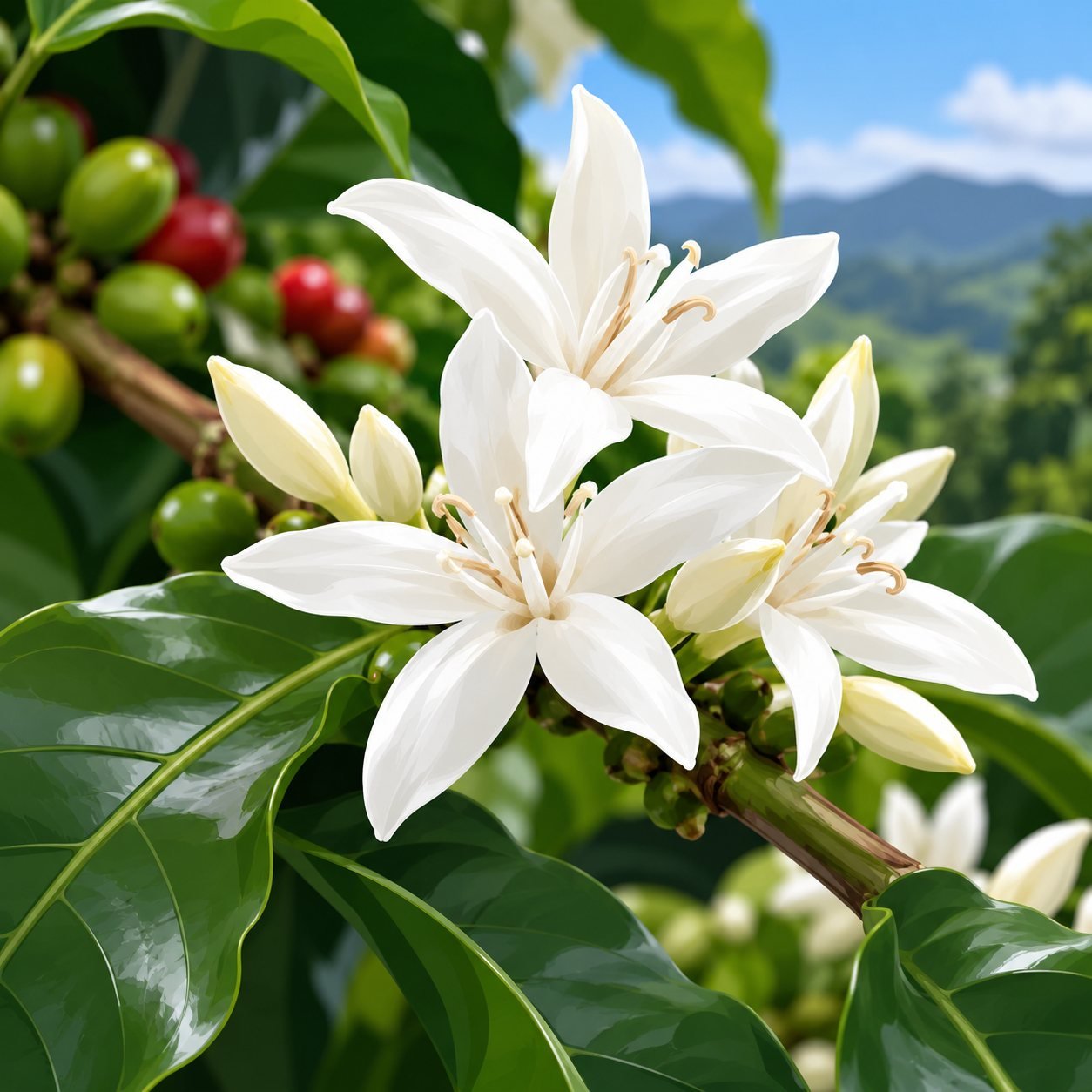 Flor de café en los cafetales de Salasmu, Huila