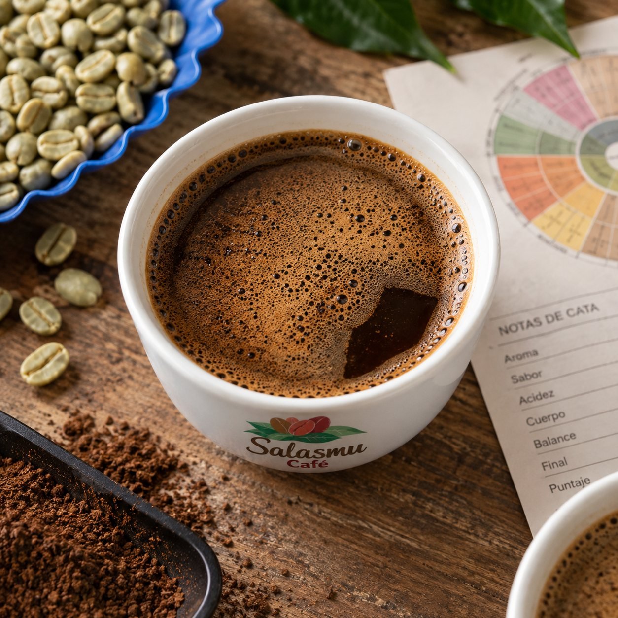 Muestra de café Salasmu Café en taza de catación, con ficha de notas de cata